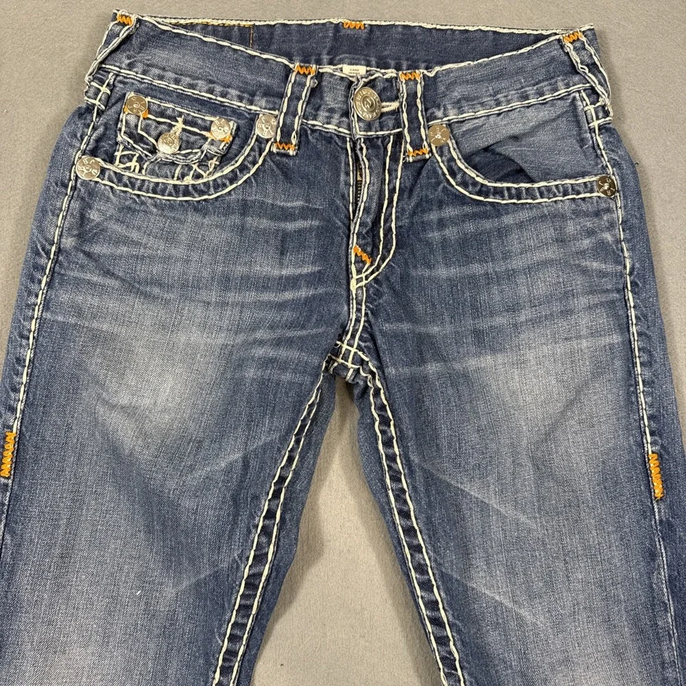 TRUE RELIGION 29 X30 STRAIGHT FLAP SUPER-T ORANGE BACK LOGO PATCH WHISKERING